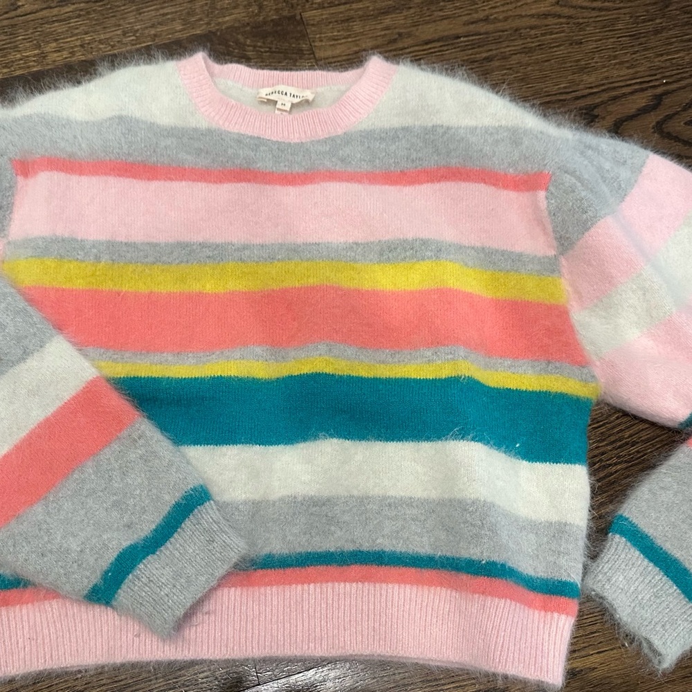Rebecca Taylor Colorful Striped Women's Angora Sweater with Puffed Sleeve